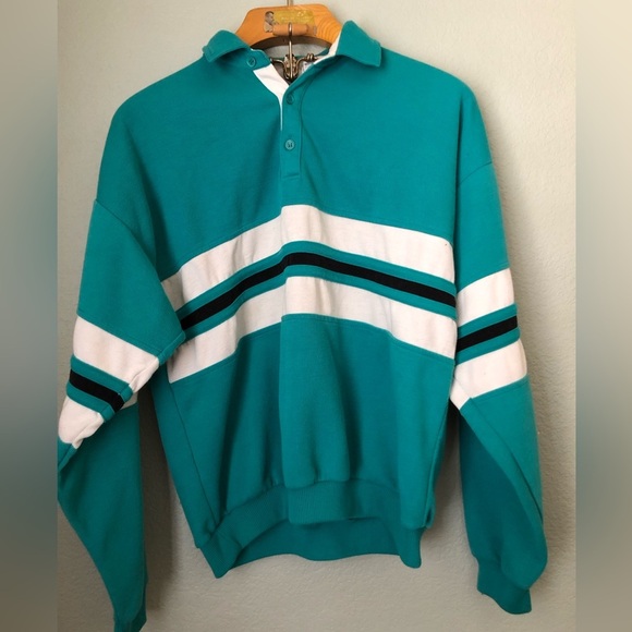 VTG MacGregor Teal and White Striped Polo Sweater Long Sleeve Mens Large - Picture 1 of 9